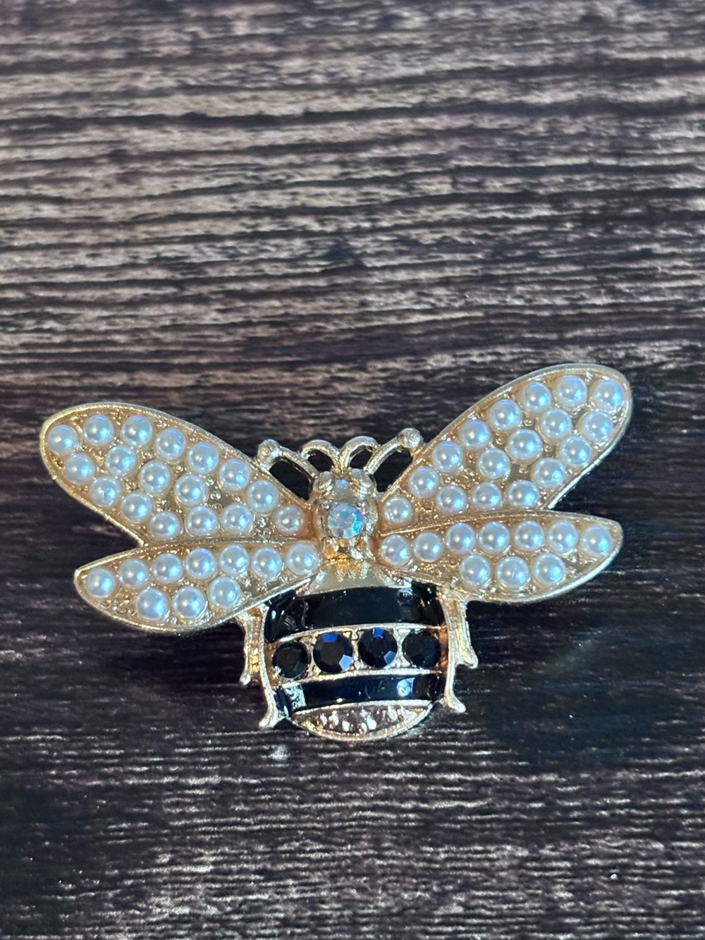Gold-Tone Bee Brooch with Pearlescent Wings and Black Stripes‎